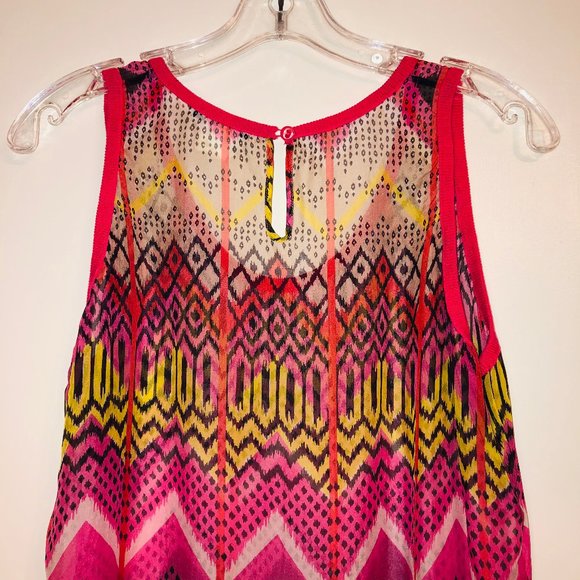 Vintage Carven Silk Chiffon Pink Print Knit Trim Long Sleeveless Top Oversized - Picture 9 of 12